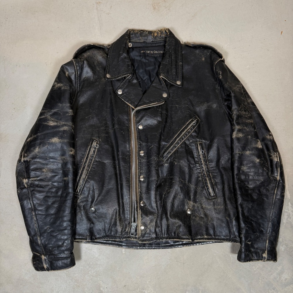 Vintage AMF Harley-Davidson Black Leather Biker Jacket Distressed 70s No Zip